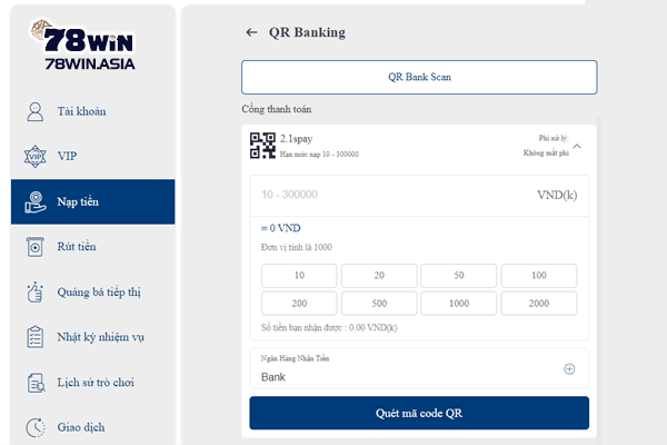 Nhiều thành viên 78win đang chọn nạp tiền bằng mã QR Banking